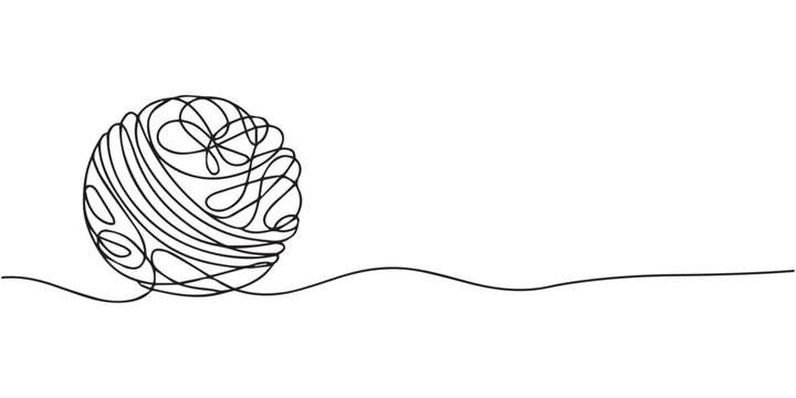 Ball of yarn in continuous one line art drawing style, One continuous single line of Clew ball of thread. Hand drawn one line vector. Editable stroke, Ball of yarn in continuous line art drawing style