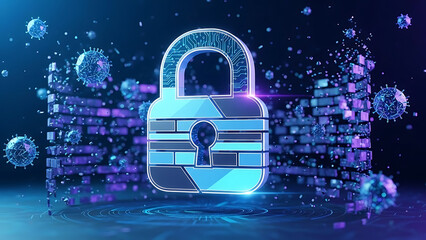 A glowing blue padlock protects a digital wall from cyber threats and viruses