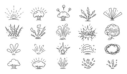 Collection of hand drawn explosion and burst in black outline comic sound © Khalek