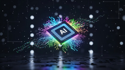 A vibrant AI microchip with colorful neural network connections in a dark background