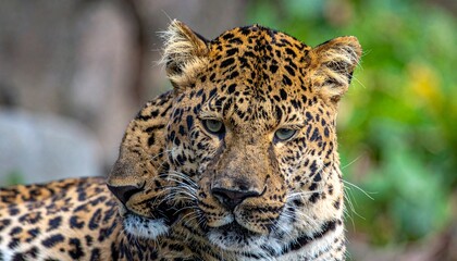 Fototapeta premium Close-up of a majestic leopard with stunning spotted fur, gazing intently.