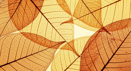 Close-up of translucent brown leaves, revealing intricate vein patterns.  Image showcases nature's delicate beauty, perfect for autumnal or botanical themes.  Free space for text