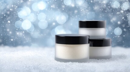 Cosmetic jars with cream on snow, surrounded by winter bokeh lights and falling snowflakes