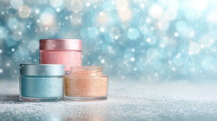 Three cosmetic jars with glitter and snow effect background
