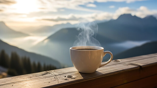 A steaming cup of coffee on a wooden railing overlooking a serene mountain landscape at sunrise - Powered by Adobe