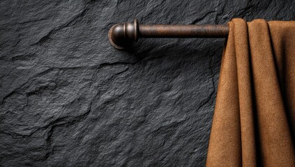 Dark stone wall with copper-toned rod and draped fabric