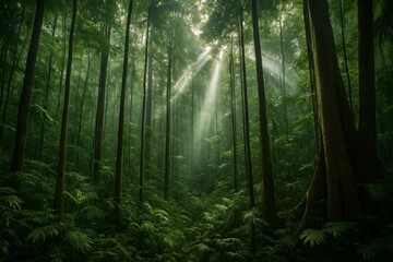 Enchanted rainforest landscape with sunlight beams piercing through dense tall trees and lush greenery in a mysterious nature concept environment scene. Ai generative