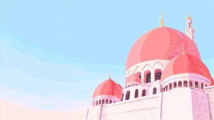 Ramadan Kareem background with mosque domes, tall minarets, crescent moon and soft pastel sky, copy space.