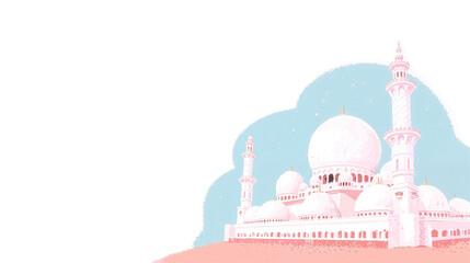 Soft pastel Ramadan Kareem background with mosque, crescent mood and copy space for banners and social media use.