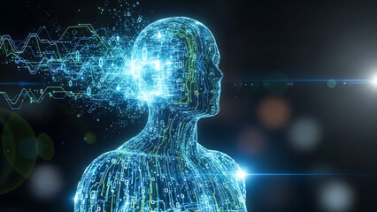 Futuristic human brain with glowing blue circuits and digital connections