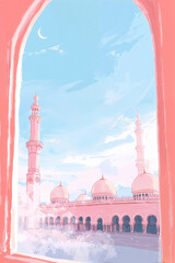 Ramadan Kareem background with mosque domes, tall minarets, crescent moon and soft pastel sky, copy space.