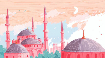Ramadan Kareem background with mosque domes, tall minarets, crescent moon and soft pastel sky, copy space.