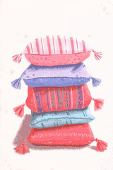 Ramadan Kareem background with stacked decorative pillows, cozy pastel illustration and copy space for design.