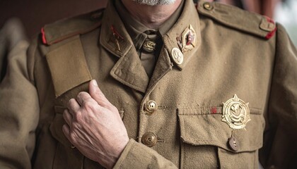 Close-up of a man in a vintage military uniform, showcasing details.