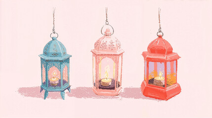 Ramadan Kareem background with glowing hanging lanterns on pastel backdrop, copy space for banner or design.