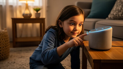 Curious young girl interacting with smart speaker in cozy living room