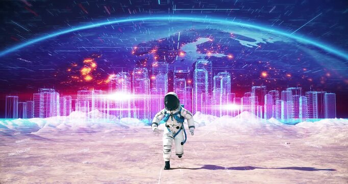 Astronaut running through virtual futuristic metropolis. New futuristic life on an alien planet concept.