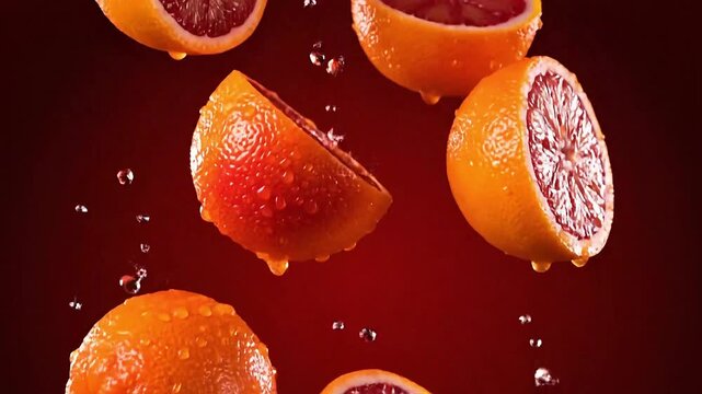 Fresh blood oranges tumbling in slow motion with intense freshness