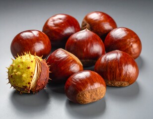 Close-up of a group of fresh, ripe chestnuts with one open, showing the spiky husk.