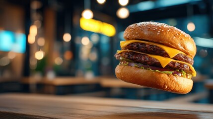 Double cheeseburger levitating over wooden table in a restaurant
