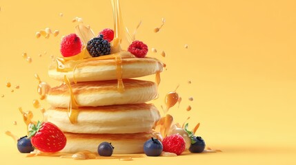 Fluffy pancakes stack with fresh berries and pouring maple syrup