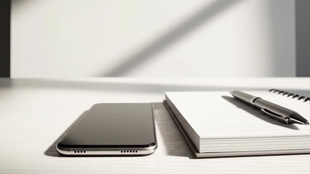 Notebook and phone on bright desk, minimal productivity mockup