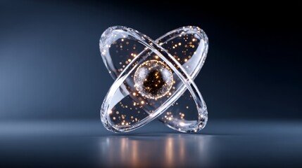 Abstract 3D illustration of a transparent atom model with glowing particles, showcasing intricate design and scientific concepts, representing the essence of atomic structure and energy dynamics