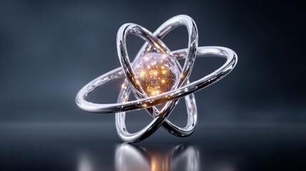 3D illustration of a metallic atom model with glowing particles, showcasing intricate details and reflections, symbolizing scientific concepts and innovation in a modern design environment
