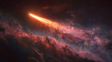 Fiery meteor streaking through a nebula in deep space