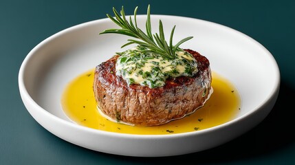 Juicy grilled steak topped with herb butter and fresh rosemary, served on a white plate with a drizzle of golden oil, showcasing culinary artistry and gourmet presentation
