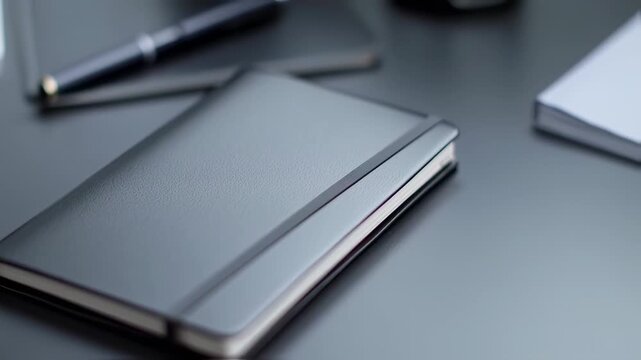 A gray, textured notebook rests on a gray surface, with a pen and other papers in the background
