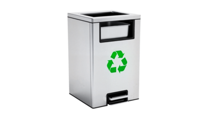 Recycling bin with a green recycle symbol, waste management solution, eco-friendly design, copy space