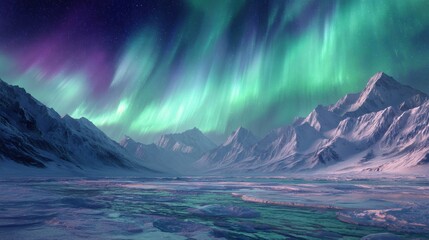 Aurora Borealis over snow-capped mountains and frozen river for travel posters wall art adventure branding winter tourism and nature documentaries