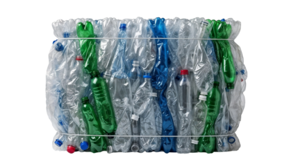 Collected plastic bottles bundled together, recycling concept, eco-friendly initiative, copy space