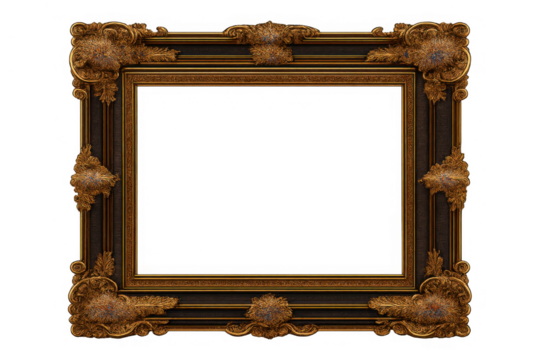 Ornate antique baroque picture frame with intricate gilded designs, vintage decorative border with transparent background - Powered by Adobe