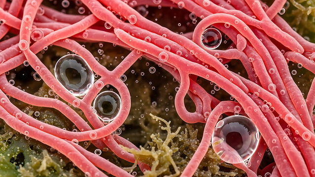 Microscopic view of parasitic worms and eggs in water