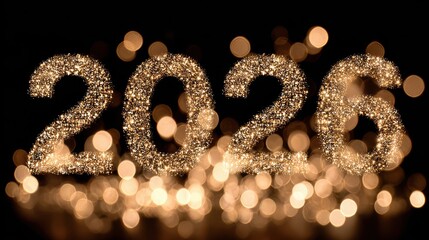 Golden Glitter 2026 Text with Bokeh Lights on Dark Background