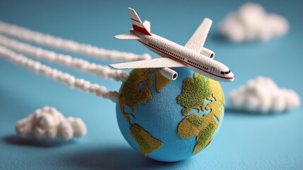 Airplane flying above a colorful globe surrounded by fluffy clouds, showcasing travel and adventure, with vibrant textures and playful design elements in a whimsical illustration