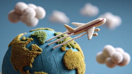 Colorful globe with textured continents and a flying airplane, surrounded by fluffy clouds, representing global travel and adventure in a whimsical illustration style