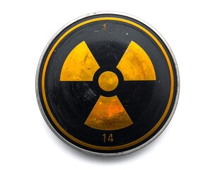 Fototapeta premium A circular badge features the internationally recognized symbol for radiation, composed of yellow blades against a black backdrop, metal rim, and faded numbers