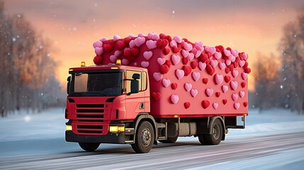 Bright red delivery truck adorned with colorful heart decorations, driving through a snowy landscape at sunset, symbolizing love and celebration during festive occasions