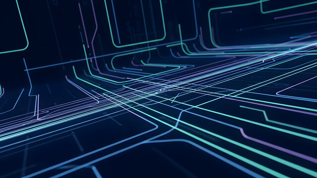 Futuristic cityscape with neon lights and digital pathways viewed from above at dusk - Powered by Adobe