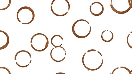A seamless pattern of brown coffee cup rings scattered across a clean white background.