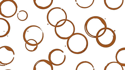 A seamless pattern of brown coffee cup rings on a white background.