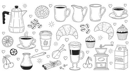 A charming hand-drawn collection of coffee-related items, including a moka pot, croissants, donuts, and various cups, perfect for cafe or breakfast themes.