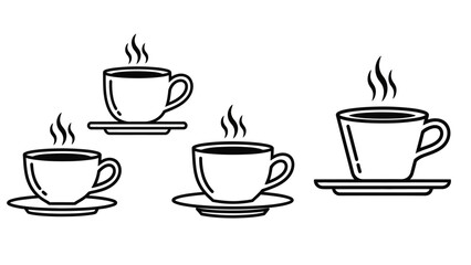 A collection of four steaming cups of coffee on saucers, depicted in a simple black and white line art style.