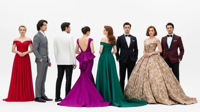 Glamorous couples posing in stunning formal attire on white background.