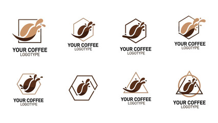 A collection of eight coffee-themed logos featuring coffee beans and splashes within various geometric shapes like squares, hexagons, and triangles.