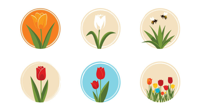 Set of six circular floral icons featuring various colorful tulips, garden flowers, and busy honeybees in a clean minimalist style.