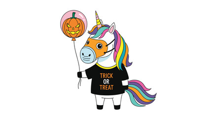 Whimsical unicorn dressed for halloween in a trick or treat shirt and face mask holding a spooky pumpkin balloon.